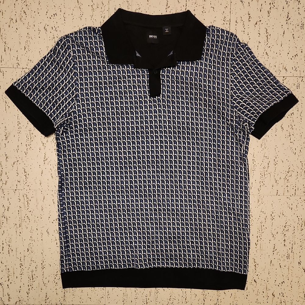 Hugo Boss Geometric Print 1/4 Button Down Casual Polo Shirt Blue, Black & White